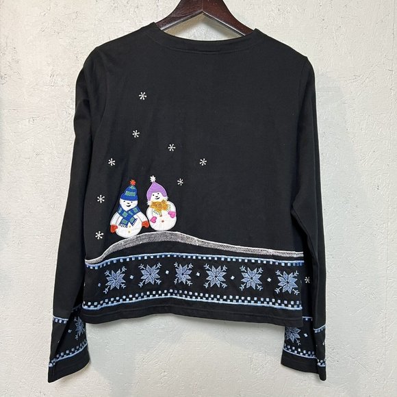 Michael Simon Sweater Cardigan Cotton Ramie Size L Black Snowman Cottage Winter - Picture 2 of 8